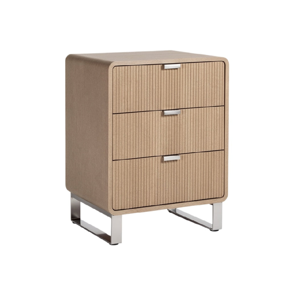 Modern Three-Drawer Nightstand with Textured Surface and Metal Legs